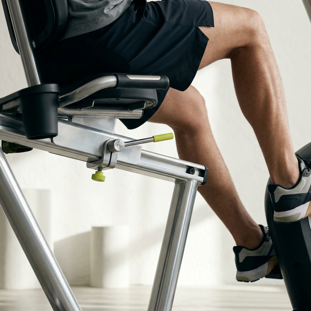 Close up full frame photo of a recumbent bike seat on its rail showing the fore aft adjustment mechanism and a rider leg at the bottom of the pedal stroke what is the proper seat position for a recumbent bike