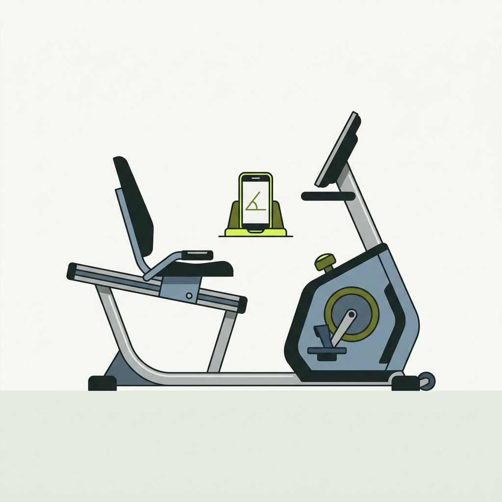 What is the proper seat position for a recumbent bike minimalist 2D vector of a recumbent bike in profile with a smartphone on a stand showing an unlabelled angle gauge in brand colours