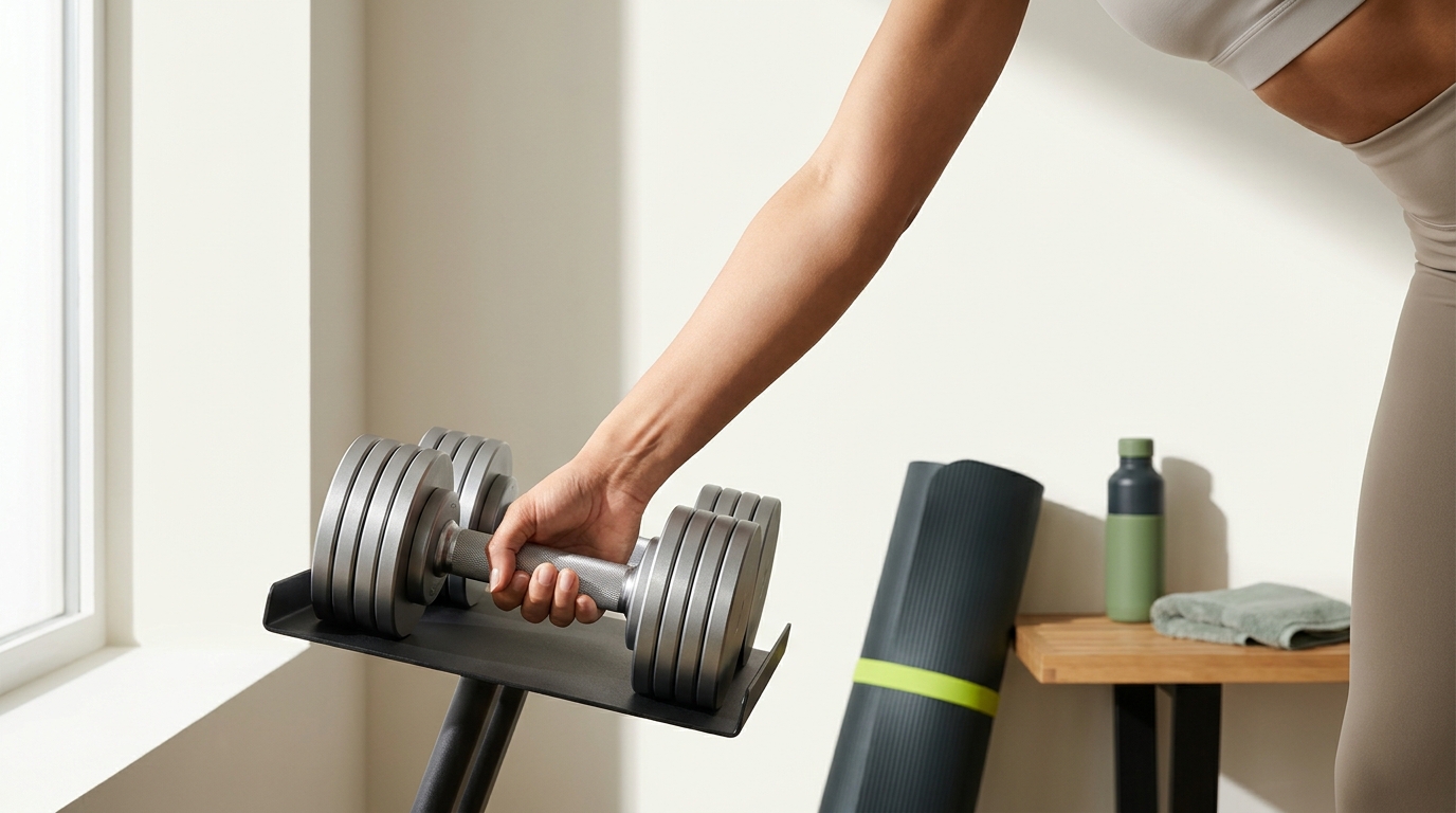 User reaching for adjustable dumbbells on a stand in a neat minimalist home gym with natural light and Rep and Range color accents is there a downside to adjustable dumbbells