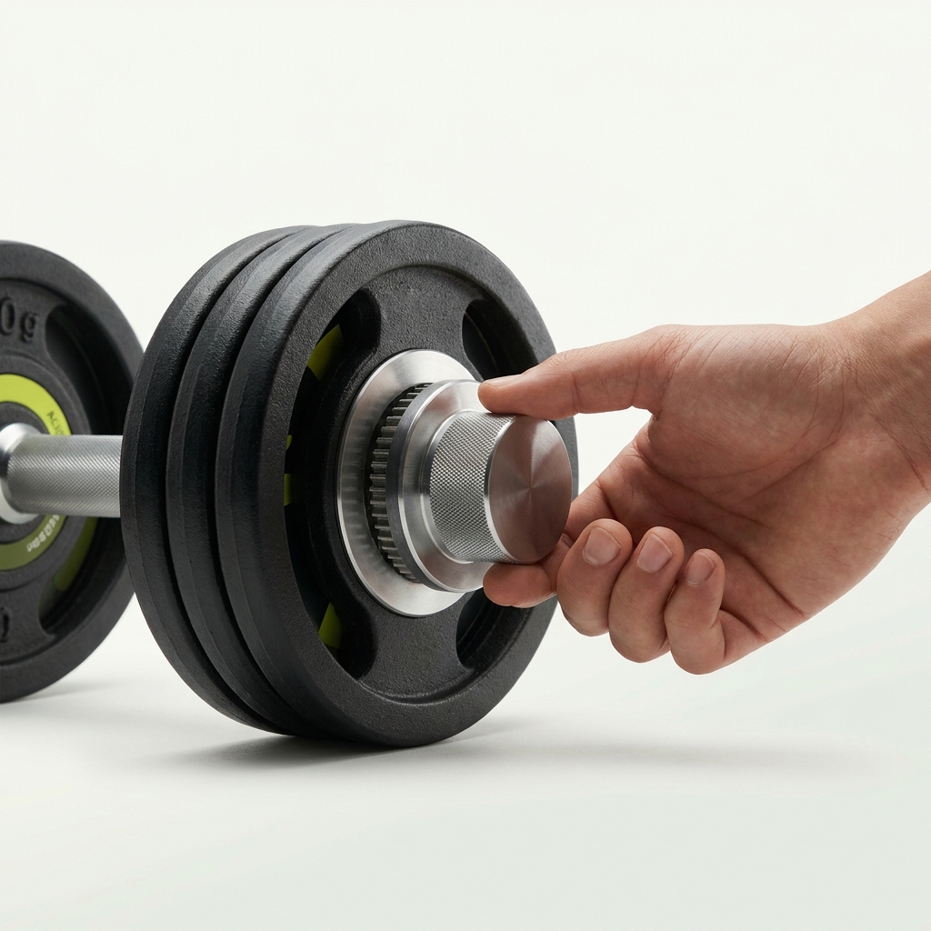 Close up of adjustable dumbbell selector dial being turned showing metal mechanism and plate edges on a minimalist Paper background is there a downside to adjustable dumbbells