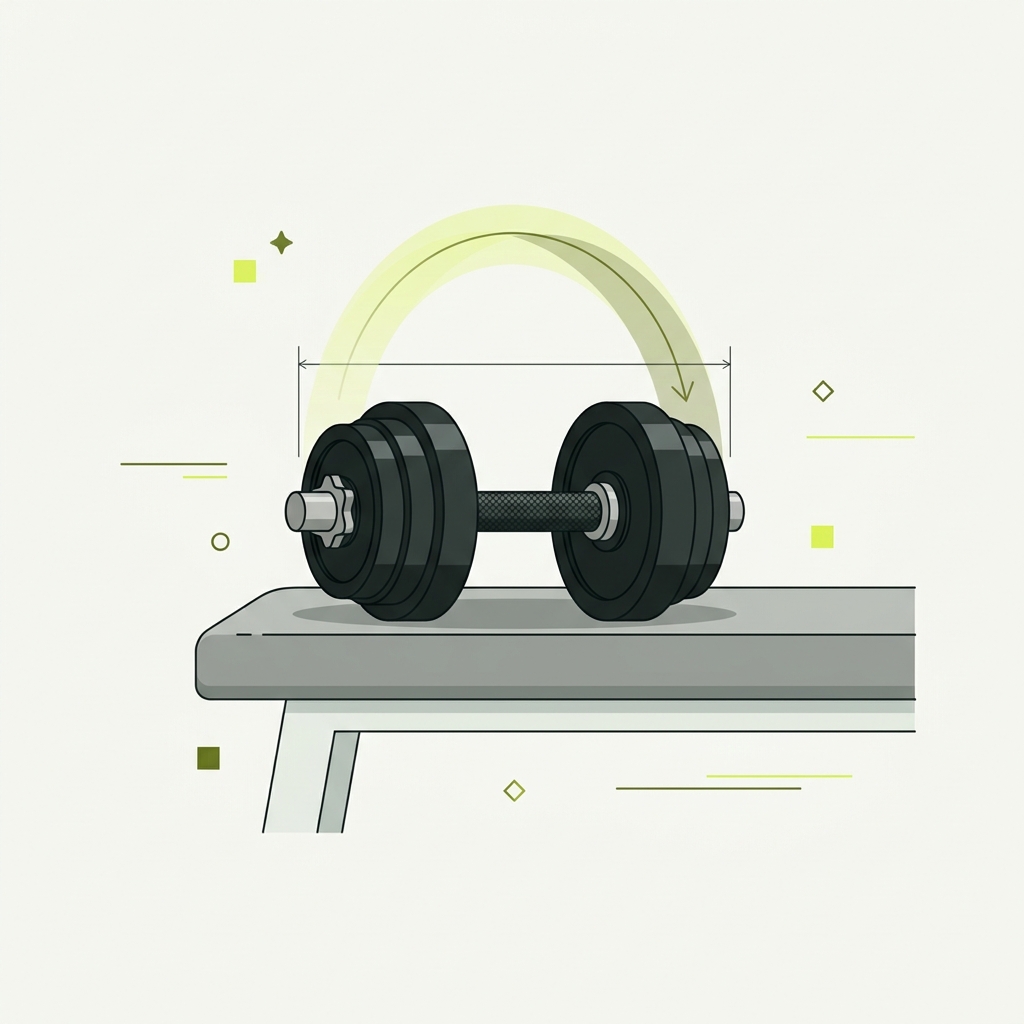 Minimal 2D vector side view of adjustable dumbbells on a bench highlighting handle length and head profile using Rep and Range palette is there a downside to adjustable dumbbells