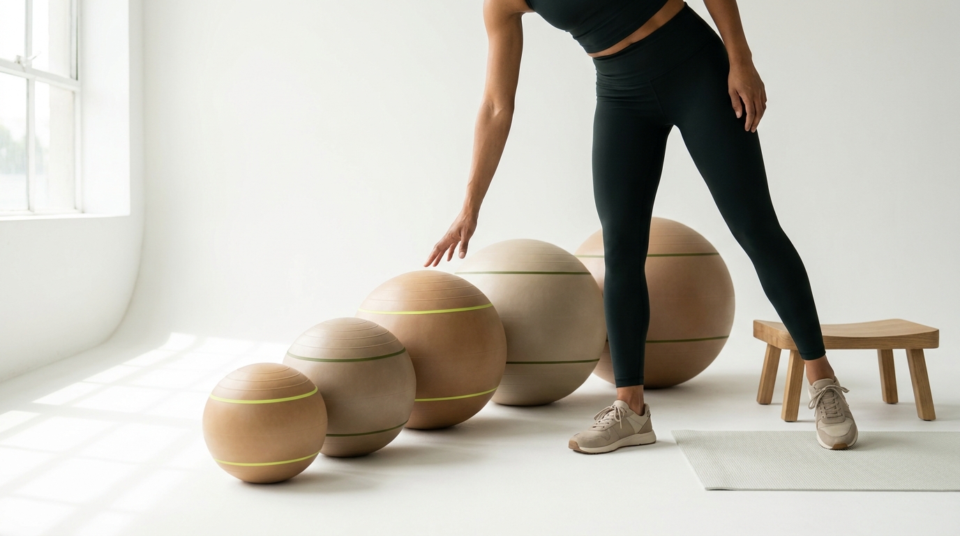Person choosing from a row of stability balls of varying diameters in a bright minimalist studio