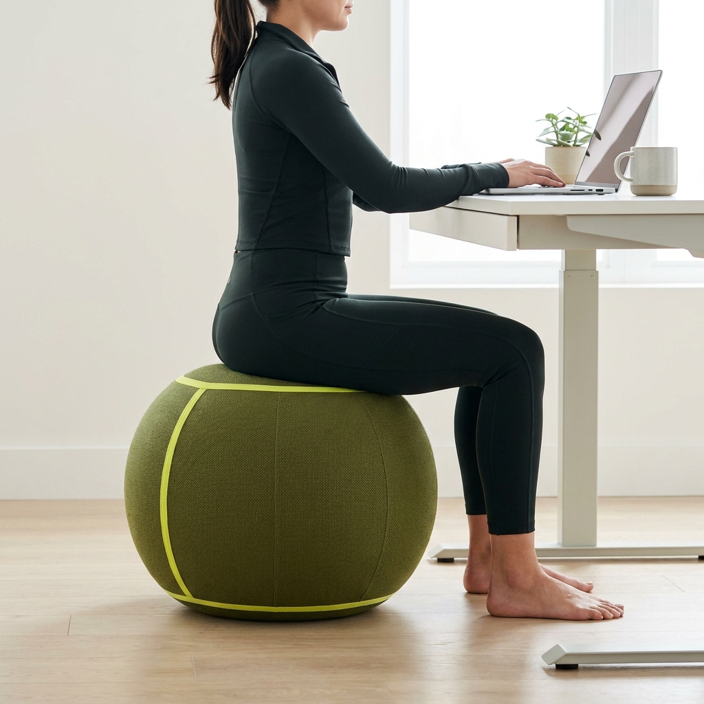 Adult seated on an inflated exercise ball at a minimalist desk demonstrating upright posture with both feet flat on the floor