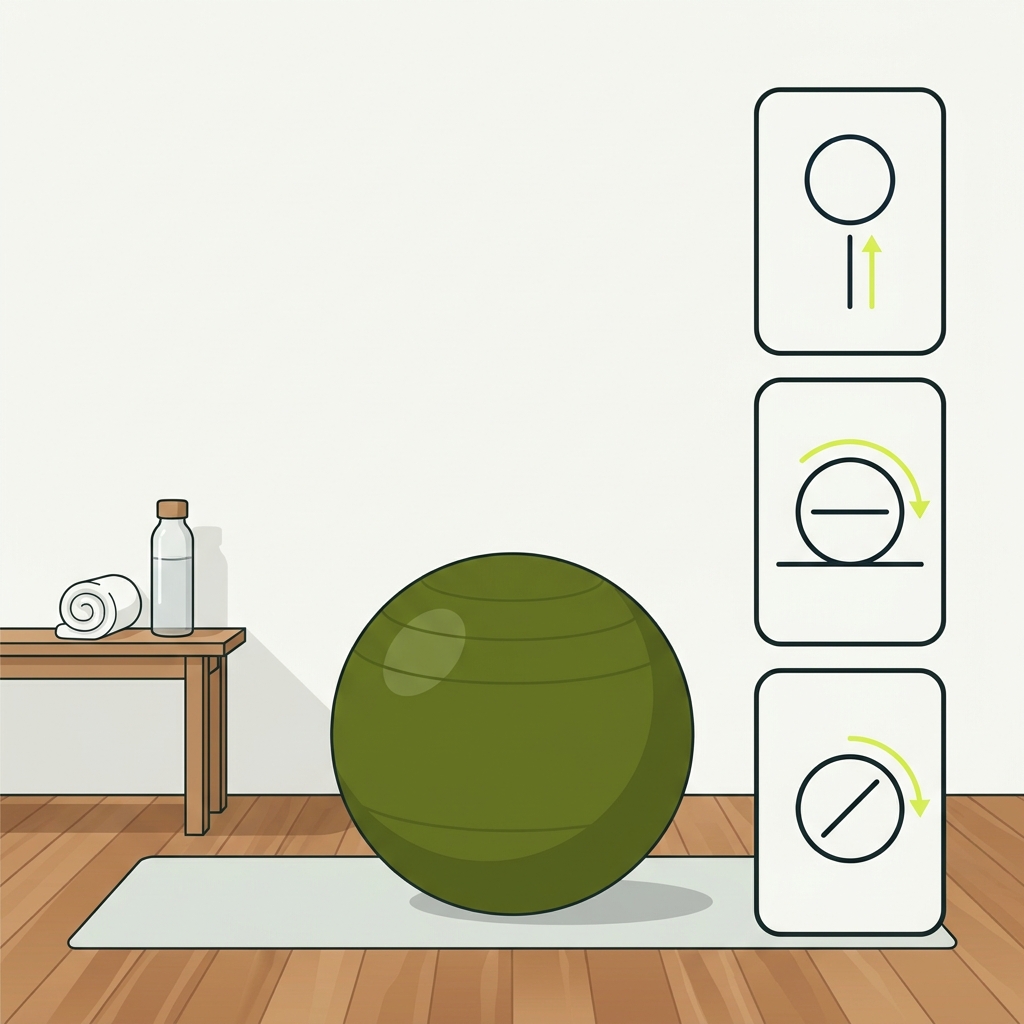 2D vector of a large field green stability ball on a mist mat in a gym with three unlabelled diagram panels and acid green motion arrows showing core exercises