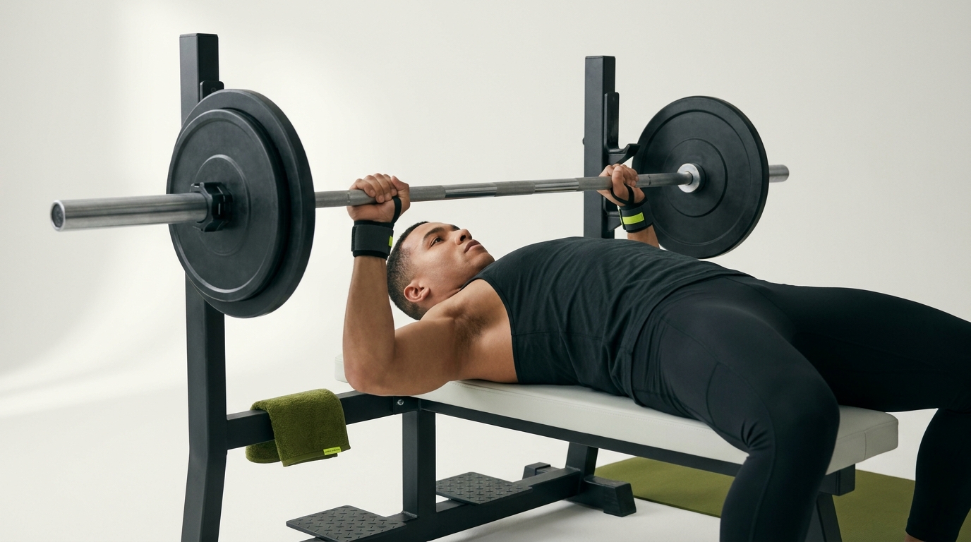 Lifter performing a controlled barbell bench press on a flat bench in a minimalist gym full frame neutral background focused on technique and equipment