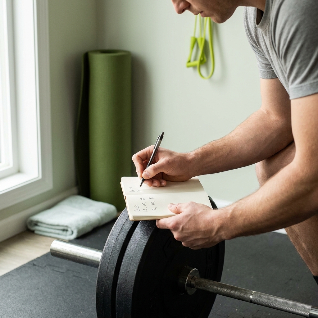 Lifter writing reps in a small unbranded notebook beside a loaded barbell in a minimalist gym corner natural side light clean uncluttered composition