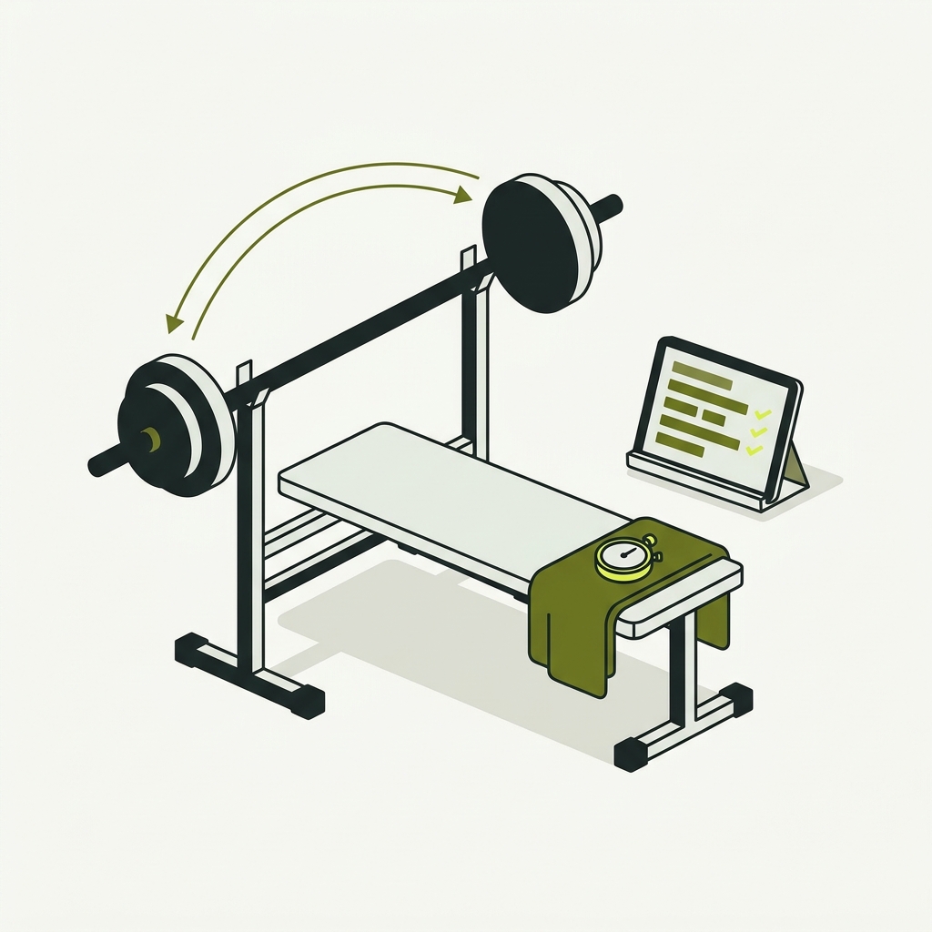 Minimalist 2D vector gym scene of empty bench and barbell in mid rep with motion arc next to a tablet showing an unlabelled workout log and towel on bench