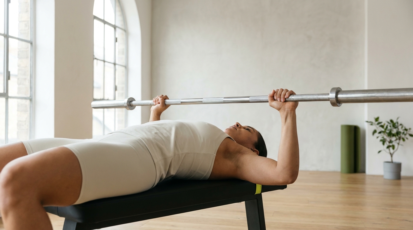 Lifter performing a controlled barbell bench press in a minimalist gym with Rep and Range accents and natural light