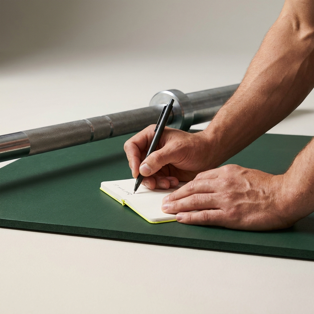 Close up of athlete hands writing sets in a notebook beside an Olympic barbell on a neutral Paper and Mist background focusing on hands and pen