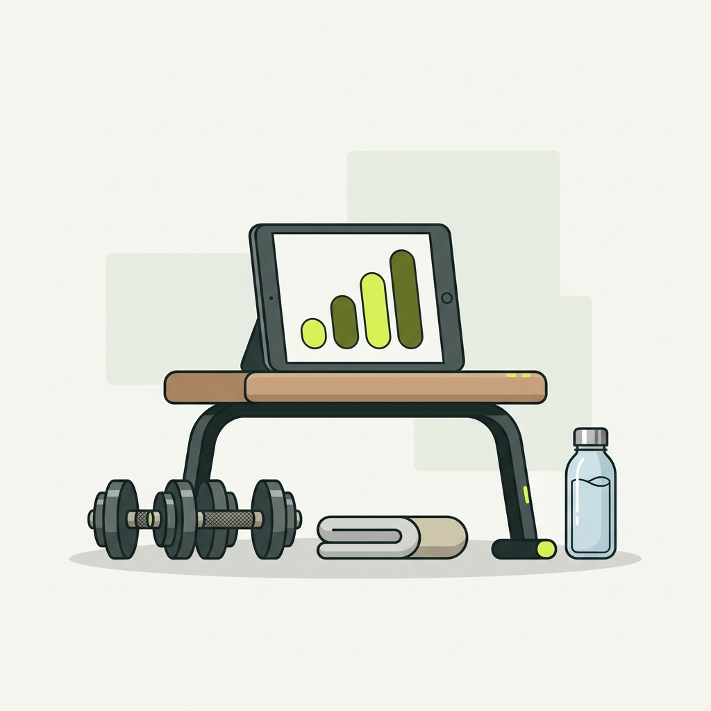 Minimal 2D vector illustration of a gym bench with a tablet showing a simple unlabeled bar chart and resting dumbbells towel and water bottle on a paper colored background