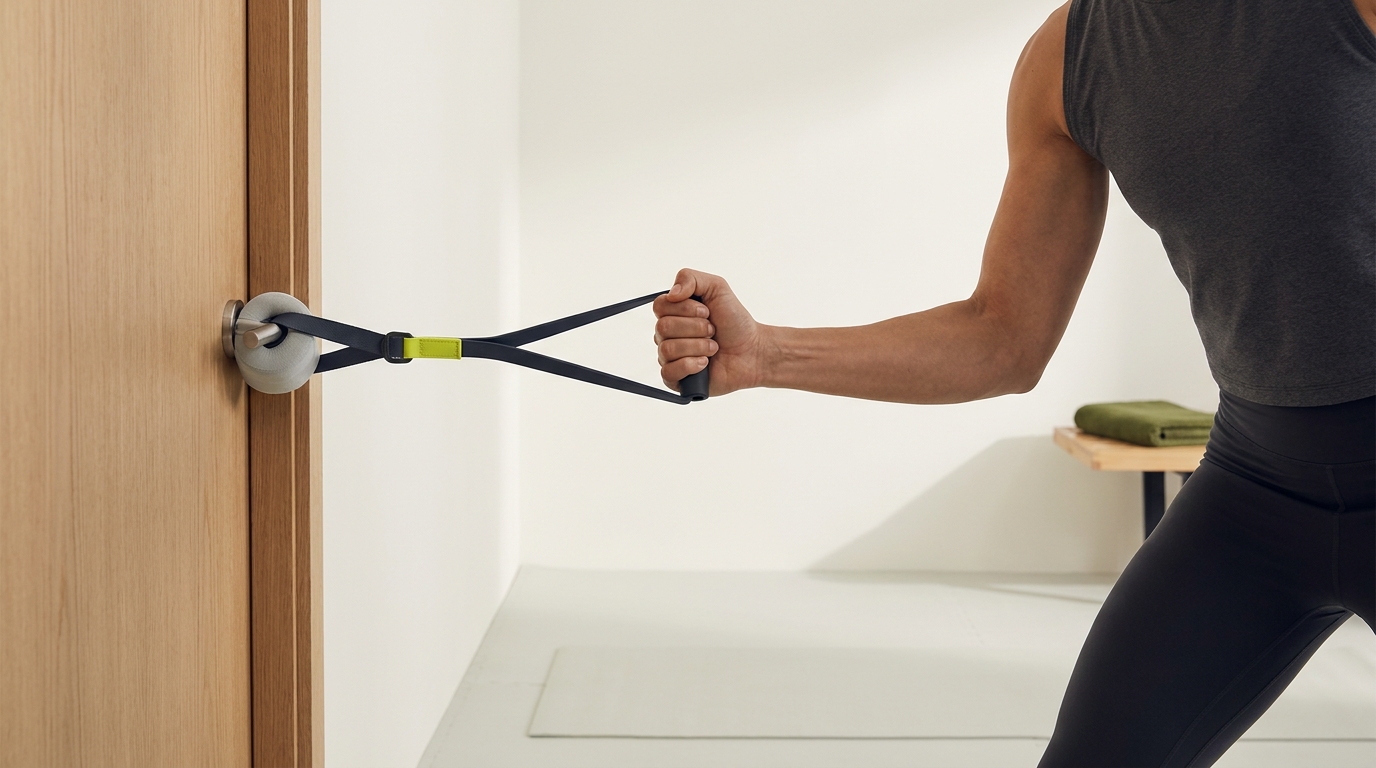 Person using resistance bands anchored at a closed wooden door with a visible padded stopper showing anchor placement and door contact