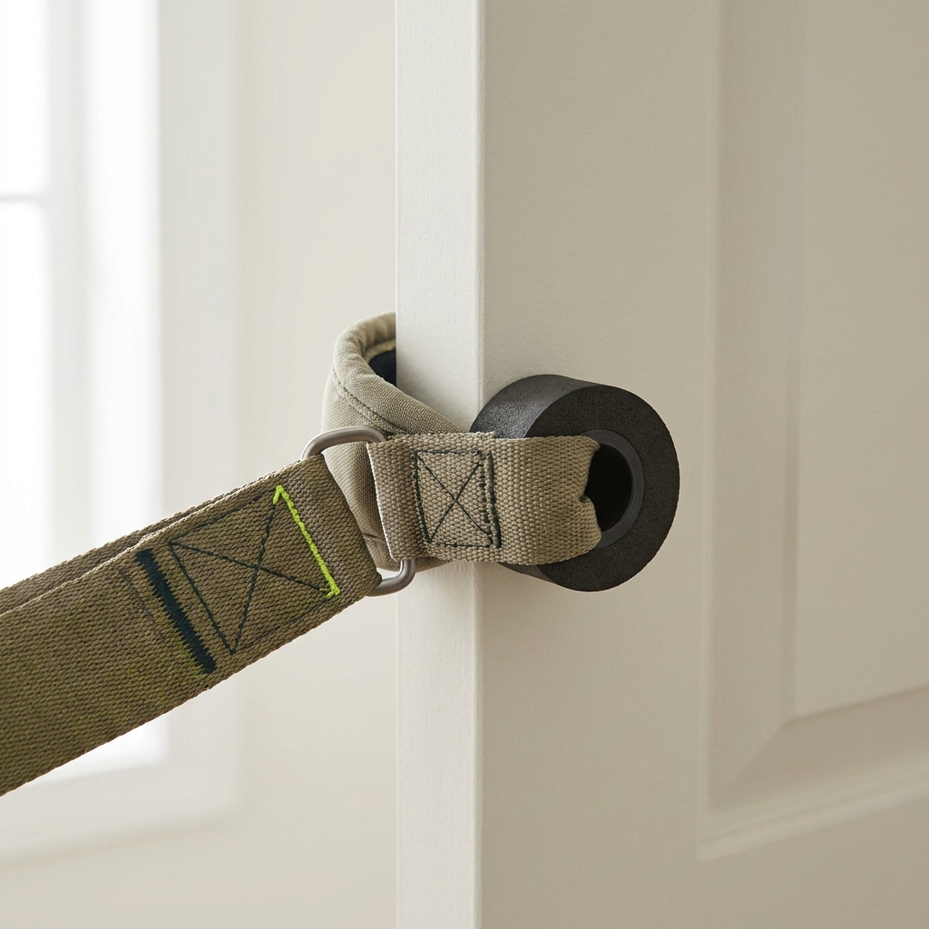 Close up of a padded stopper door anchor installed on a solid interior door with a resistance band threaded through the loop minimalist background in paper color
