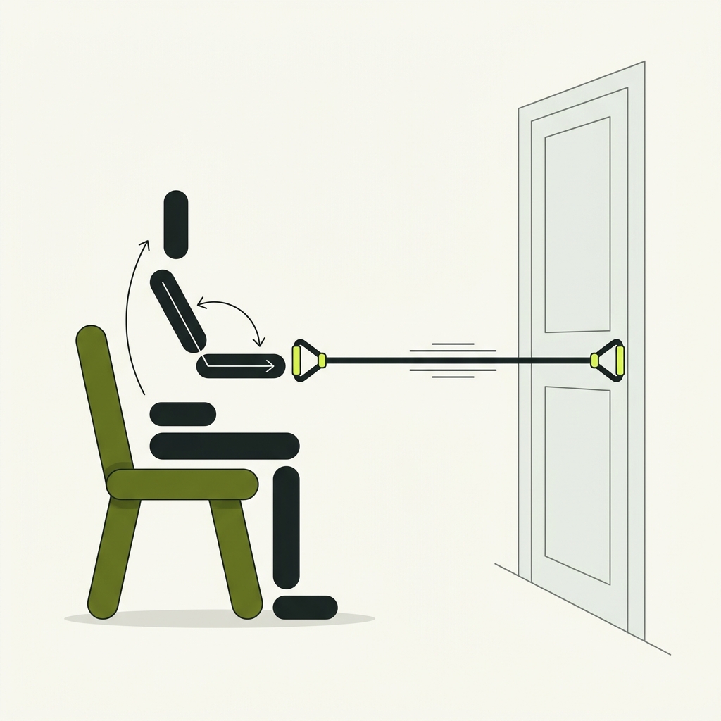 Minimal two dimensional vector side view of a seated row setup with a resistance band anchored at mid height on a closed door abstract geometric posture proxy and alignment lines illustrating safe form