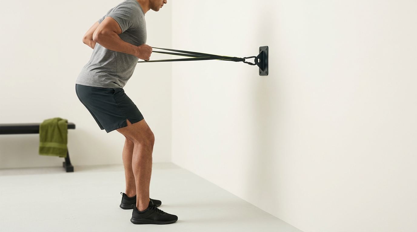 Person performing a standing row from a mid wall anchor with visible anchor hardware and clear band tension in a minimalist gym using Rep and Range palette
