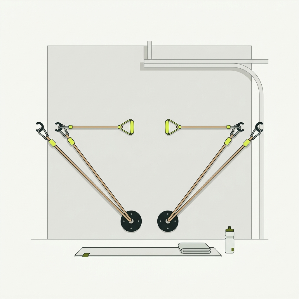 Vector illustration of a DIY multipoint wall station in a garage gym showing low and mid anchors with resistance bands attached demonstrating on a paper colored background