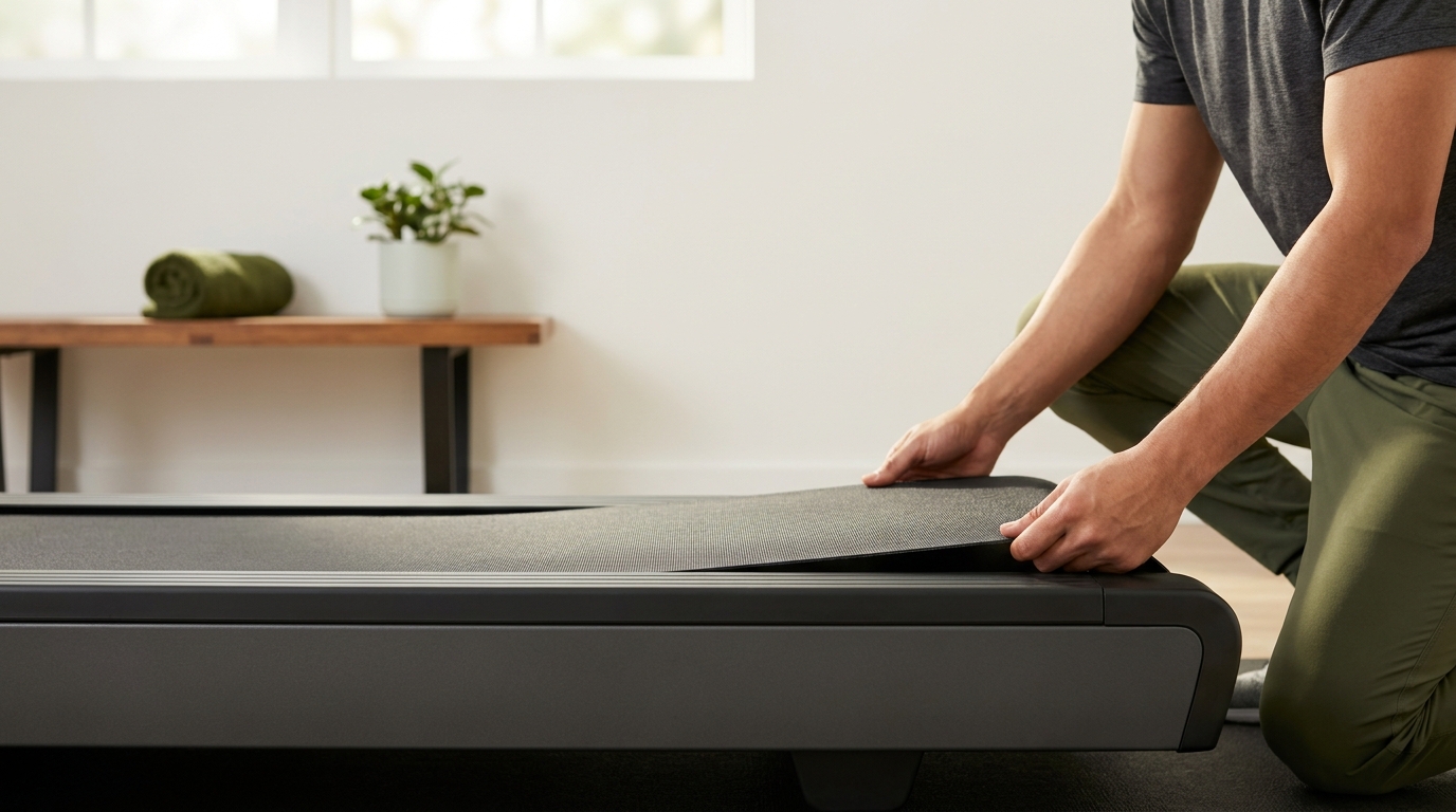 Home treadmill side view focusing on running deck and belt with a person checking the equipment and hands near the belt minimalist tidy gym with subtle brand color accents