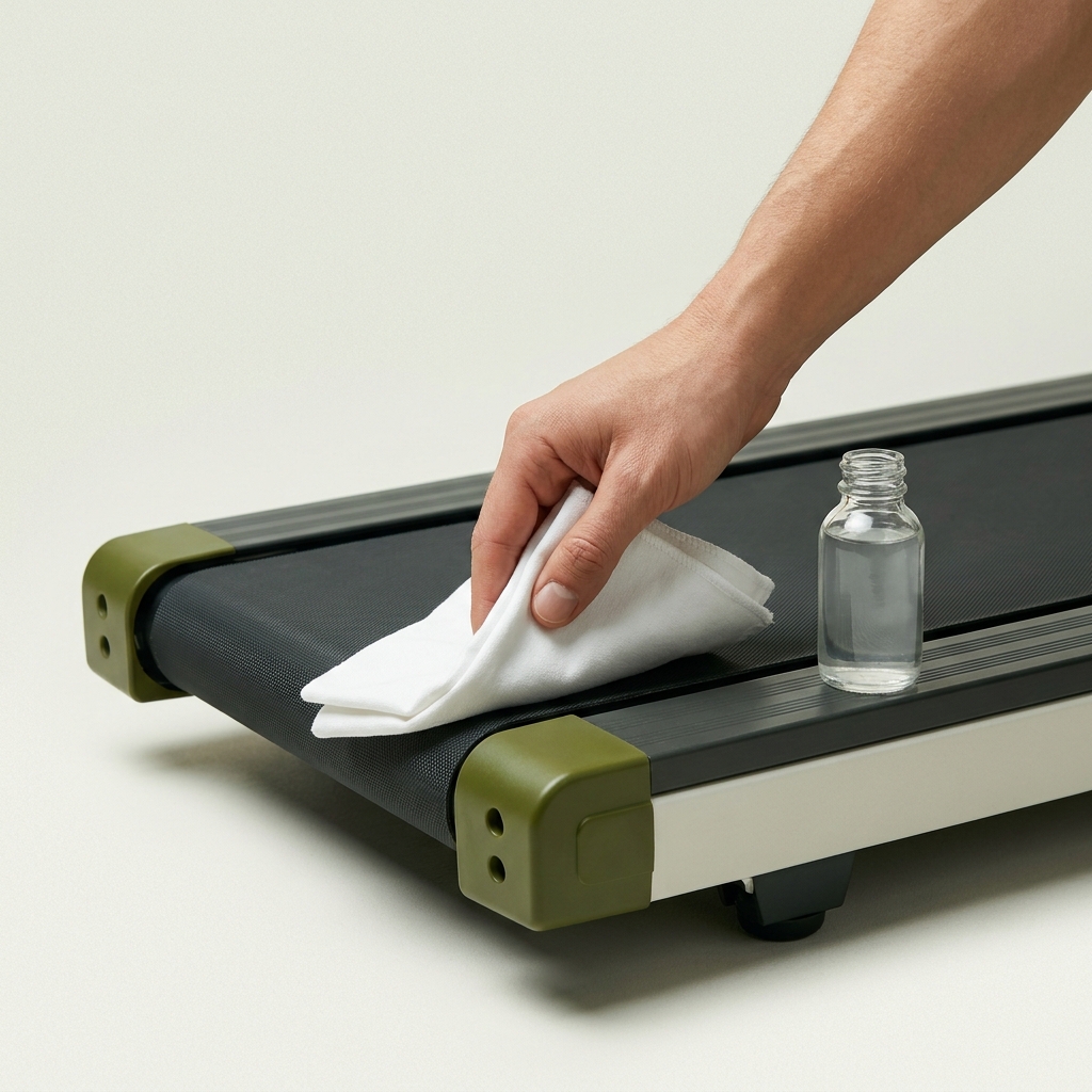 Close up of a hand lifting the edge of a treadmill belt with a clean rag and a small bottle of silicone lubricant on the frame