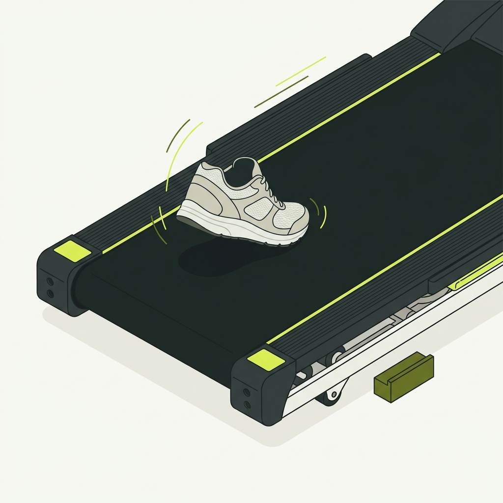 Minimalist 2D vector closeup of a treadmill deck and belt during a low speed spread test showing belt edges deck surface and a single shoe placed on the belt