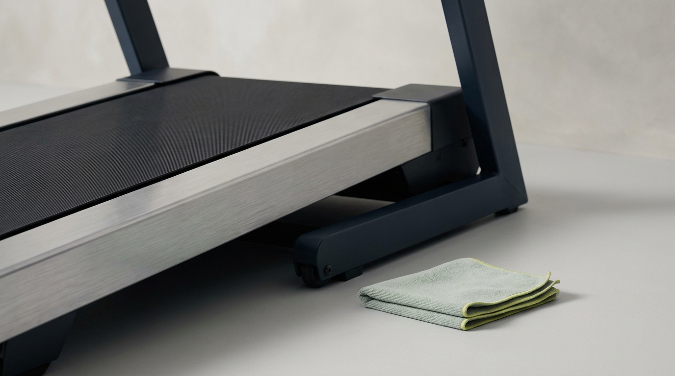 Close up editorial image of treadmill belt edge and deck with a small clean shop towel on a Paper background and neutral lighting
