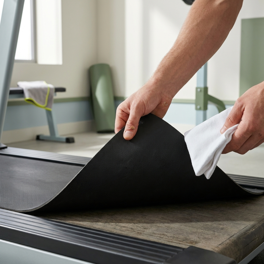 Close up of a hand lifting a treadmill belt to inspect the deck with a lint free cloth visible in a clean gym setting using Rep and Range color accents