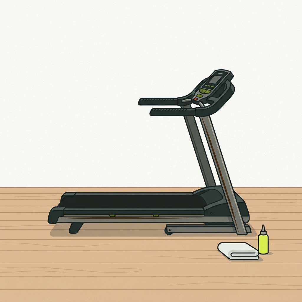 Small oily residue line along treadmill side rail in a clean minimalist gym scene with paper background and acid and field green accents