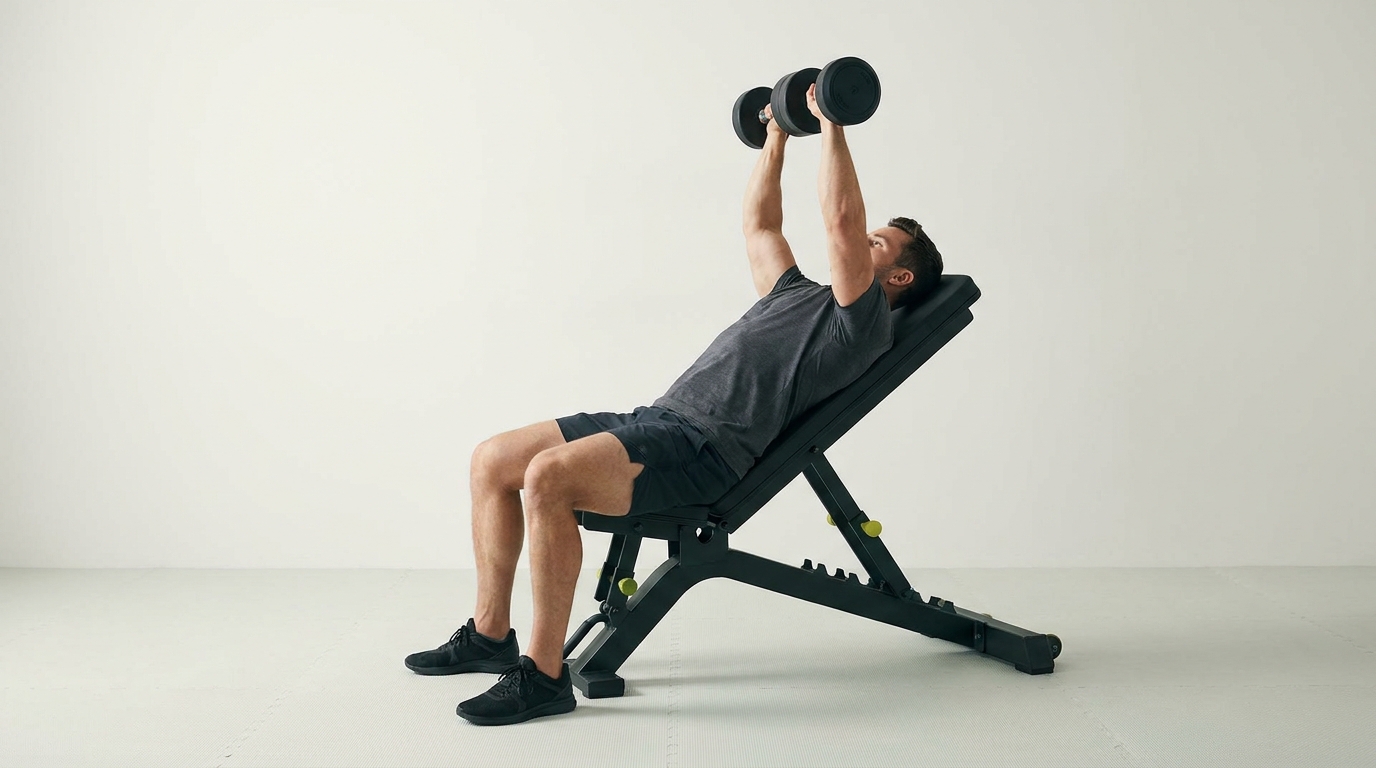 Showing lifter on adjustable bench set to mid incline with clear anatomy and safe setup in minimalist gym