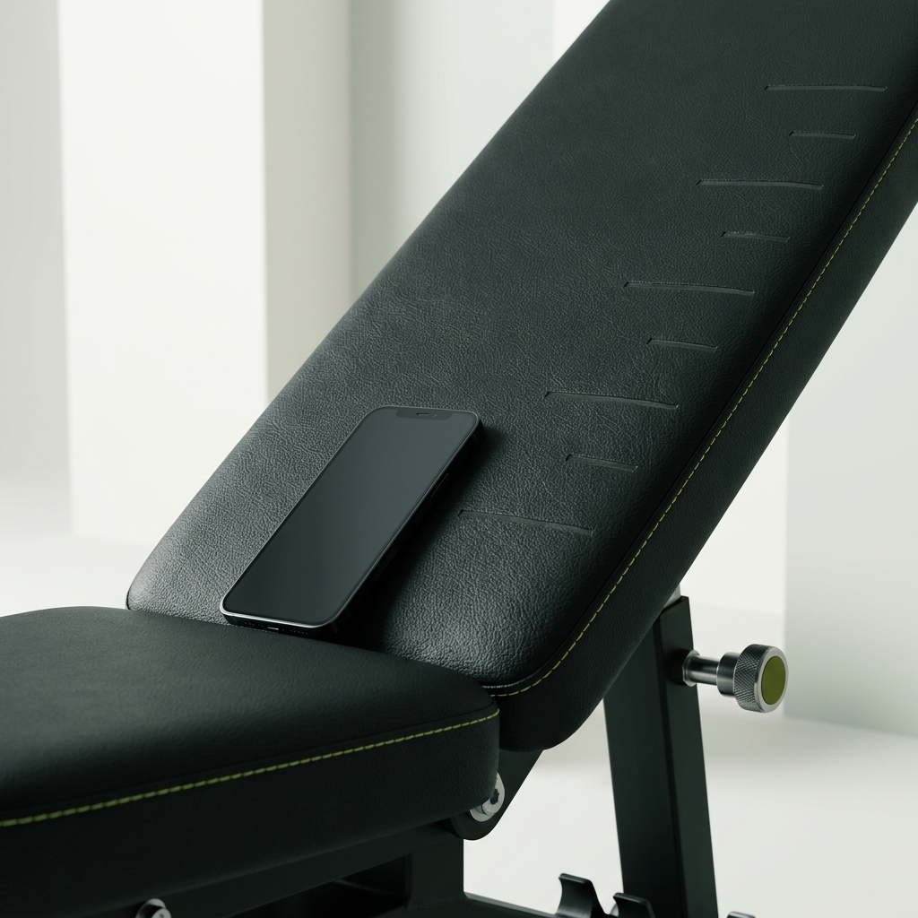 Close up of incline bench back with engraved angle markings no numbers and a smartphone resting to measure tilt