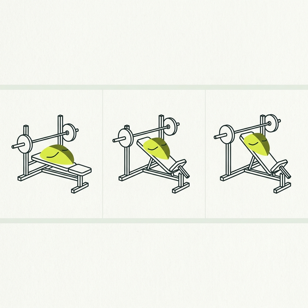 Minimalist 2D vector three panel diagram of a single incline bench shown at low mid and steep angles with stylized chest emphasis shapes illustrating muscle shift