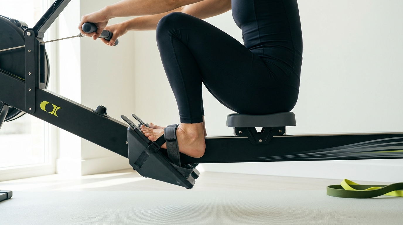 Side profile of a rower at the catch showing footplates midfoot strap placement and neutral spine demonstrating on Paper tone