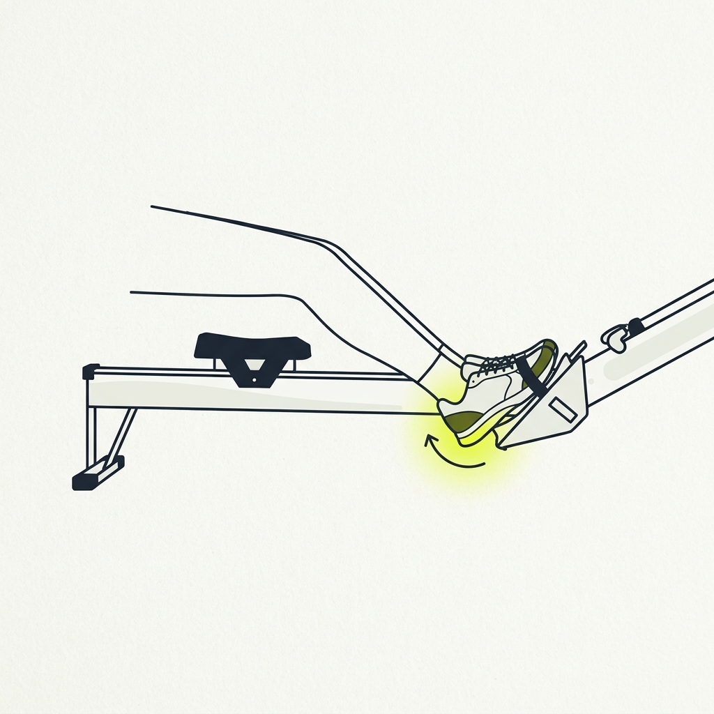 Side view 2D vector illustration of a rowing machine footplate and shoes at the catch showing slight heel lift and foot pivot