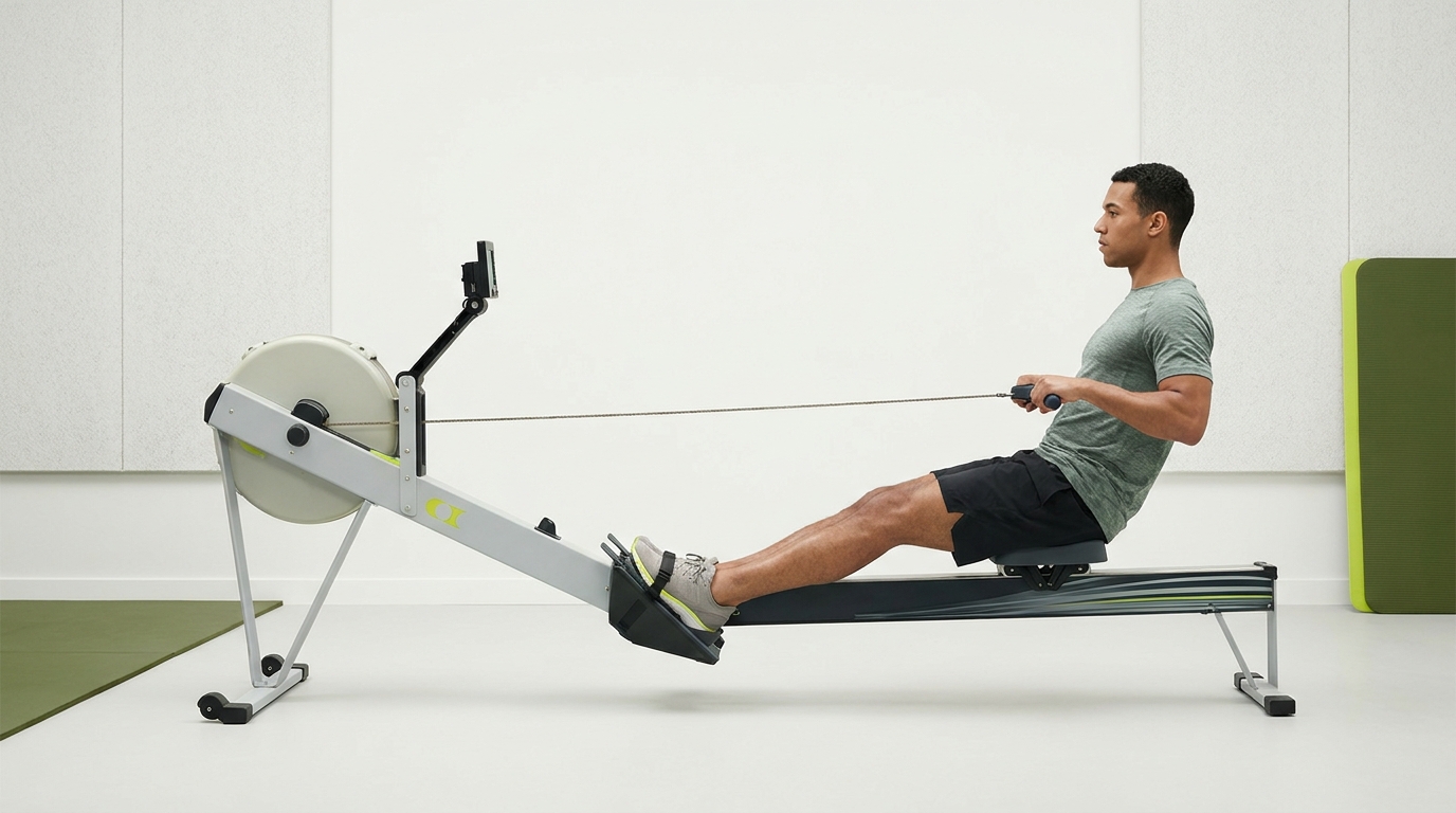 Side view of person rowing on an ergometer demonstrating clear leg drive upright torso and handle path editorial studio shot