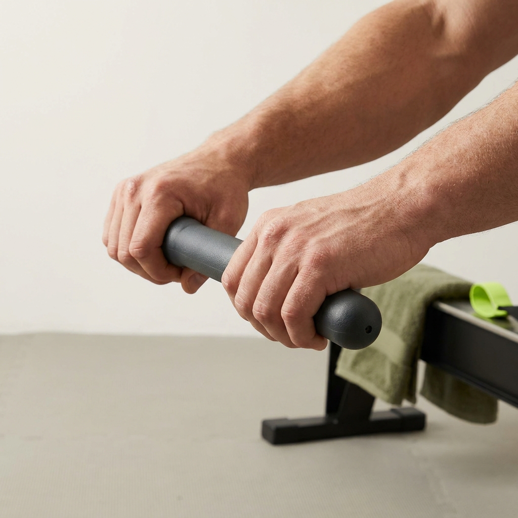 Closeup full frame photo of hands on rowing erg handle showing relaxed grip and neutral wrists in Rep and Range gym