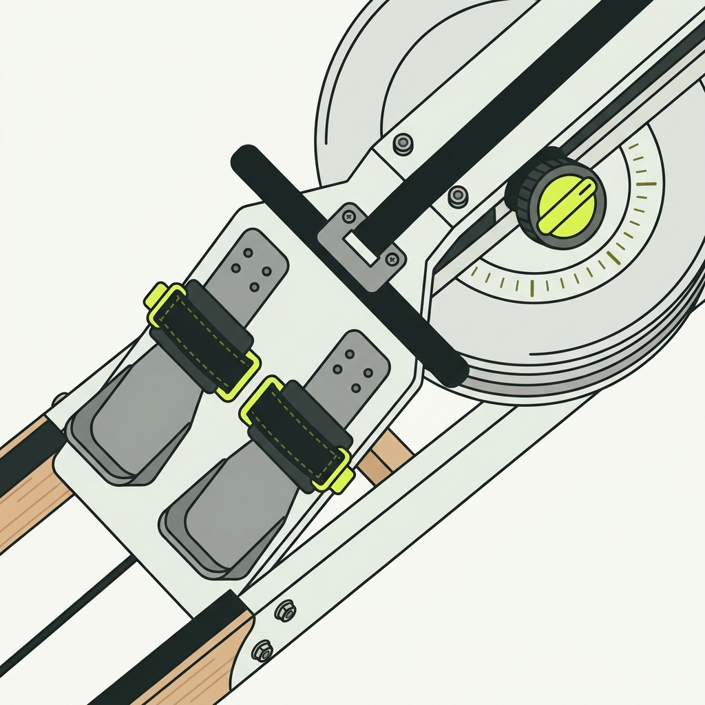 Overhead diagonal 2D vector illustration of a rowing erg showing foot stretcher heel cup strap alignment and damper knob indicator highlighted in Rep & Range palette