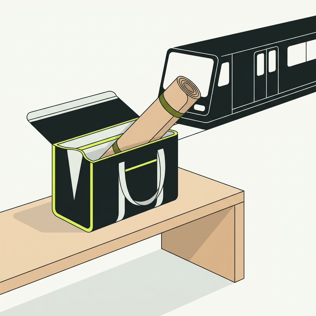Minimalist 2D vector illustration of a commuter bag on a transit station bench with a thin rolled yoga mat half inside