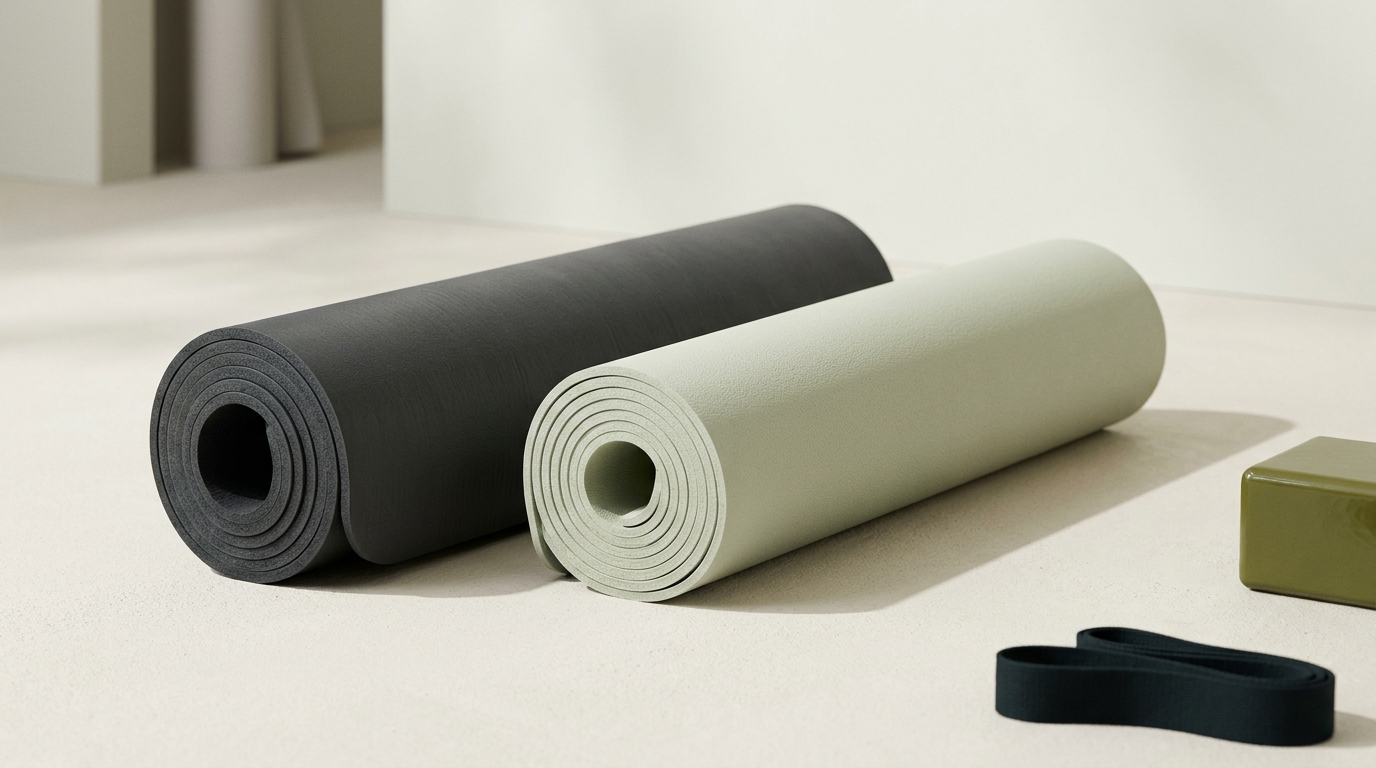 Two rolled yoga mats side by side on a studio floor one dense rubber mat and one lightweight foam travel mat minimal neutral lighting minimalist composition asking