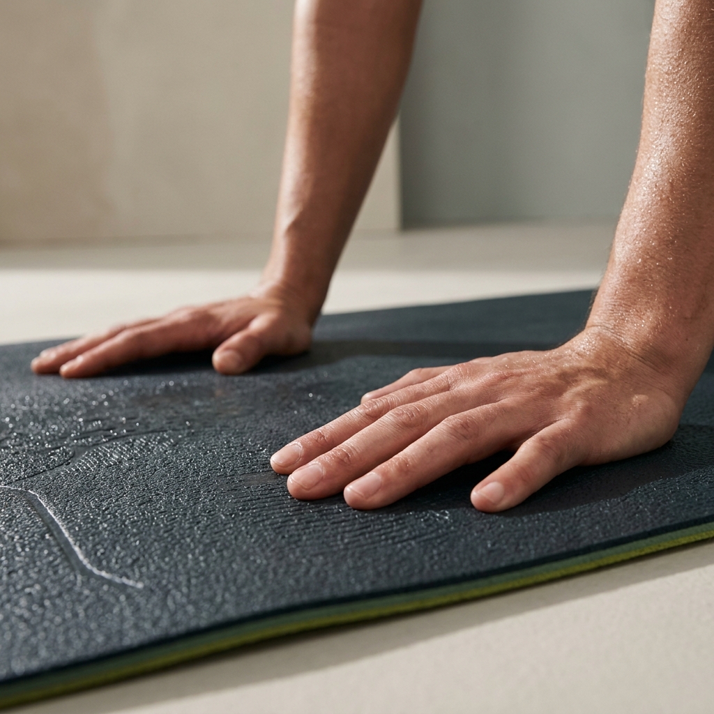Close up of practitioner hands gripping a textured rubber yoga mat in a sweaty studio class showing grip and texture