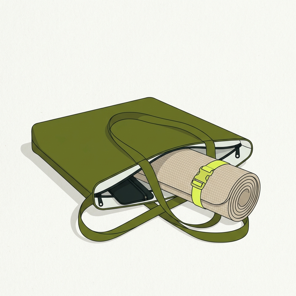 Simple 2D vector illustration of a lightweight foam travel foam mat folded into a field green commuter bag on a paper colored background with acid green strap accent