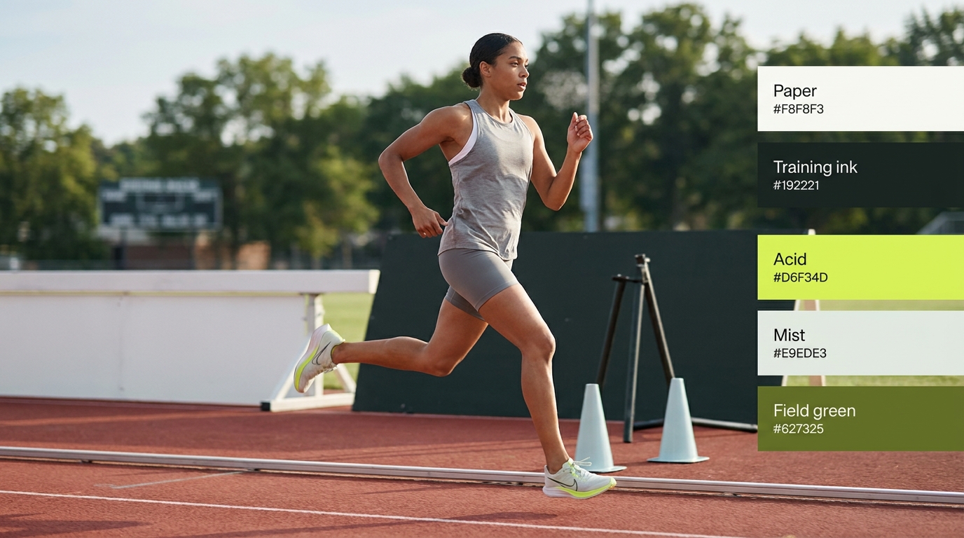 Runner mid stride on track demonstrating breathing and posture for minimalist editorial photo with Rep and Range color accents