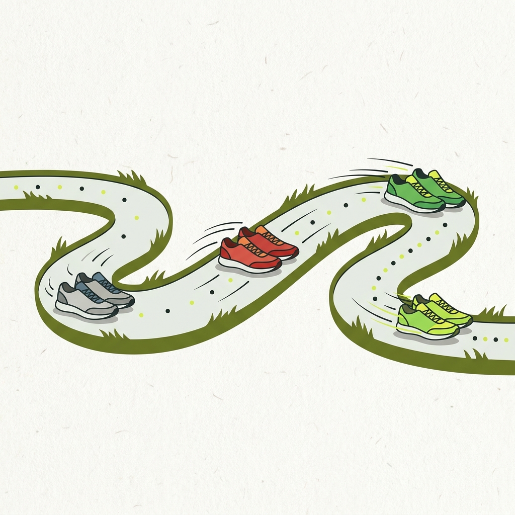 Minimalist 2D vector of three running shoe pairs on a winding trail indicating interval pacing with motion lines and brand color accents
