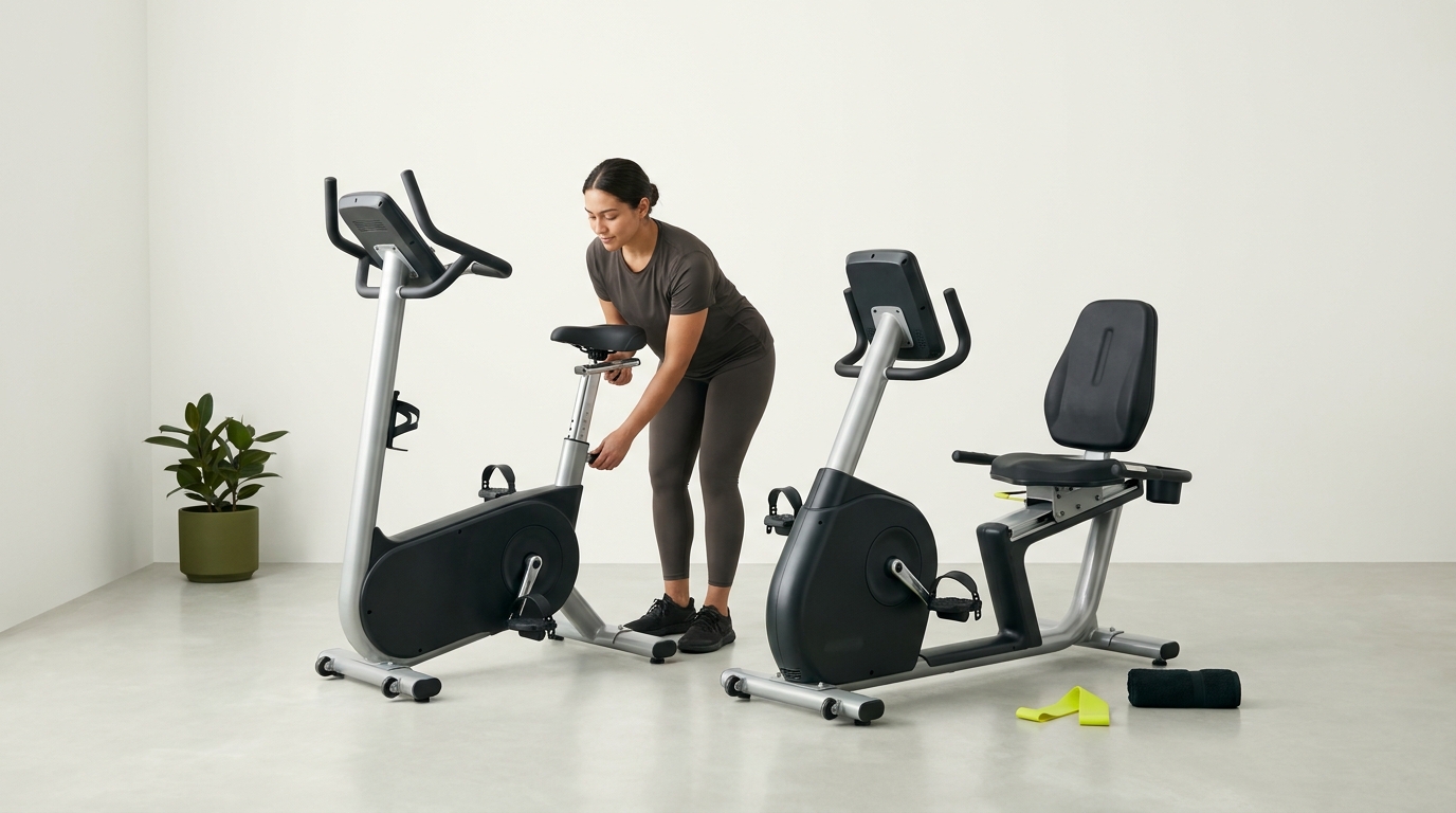Upright and recumbent exercise bikes side by side in a minimalist gym with a user adjusting the upright seat under natural lighting comparison view