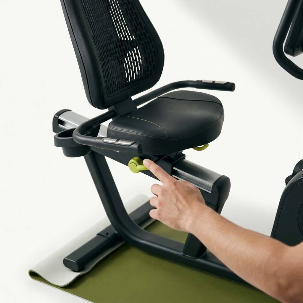 Recumbent bike seat and backrest close-up with a hand checking reach to handlebars on a clean studio background