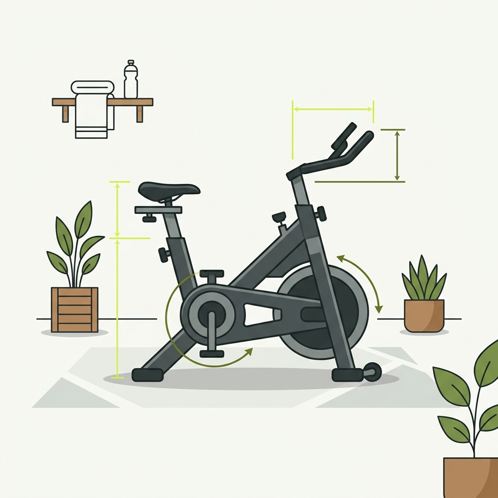 Upright exercise bike side view vector with seat height and handlebar reach guides in minimalist home gym