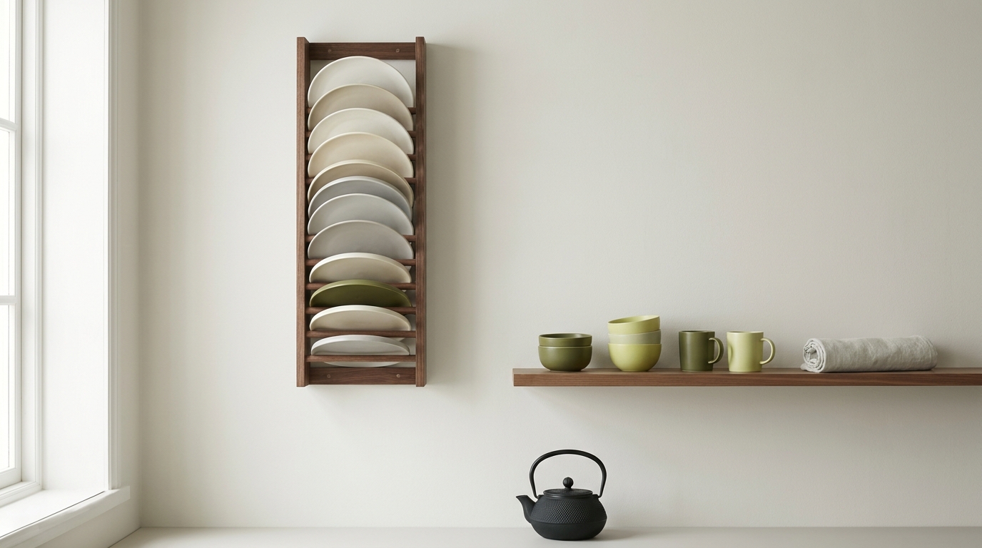 Minimal kitchen wall with a mounted plate rack holding plates on edge in soft natural light and neutral tones with subtle brand green accents