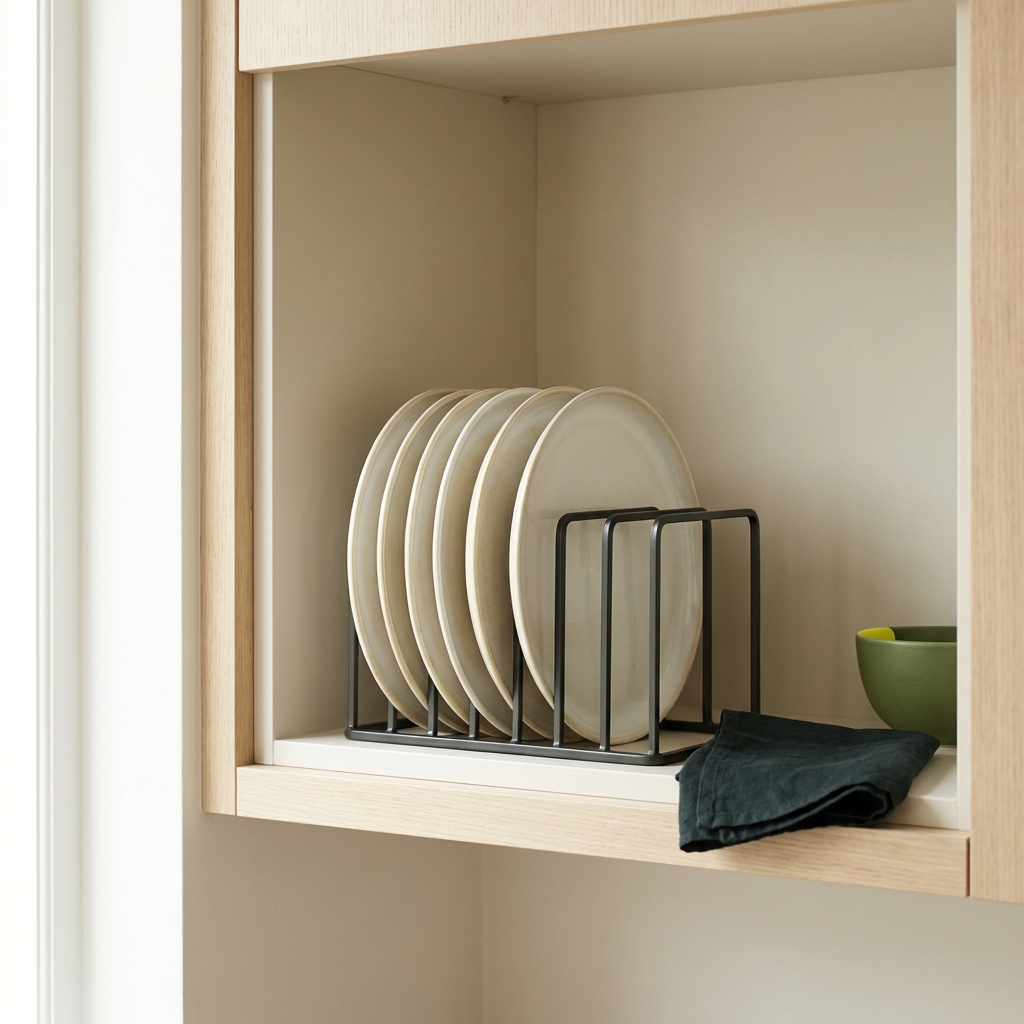 Close full frame view of an in cabinet upright plate organizer with ceramic plates stored on edge inside a minimalist cabinet interior in Paper and Mist tones accented by Field green and Acid highlights