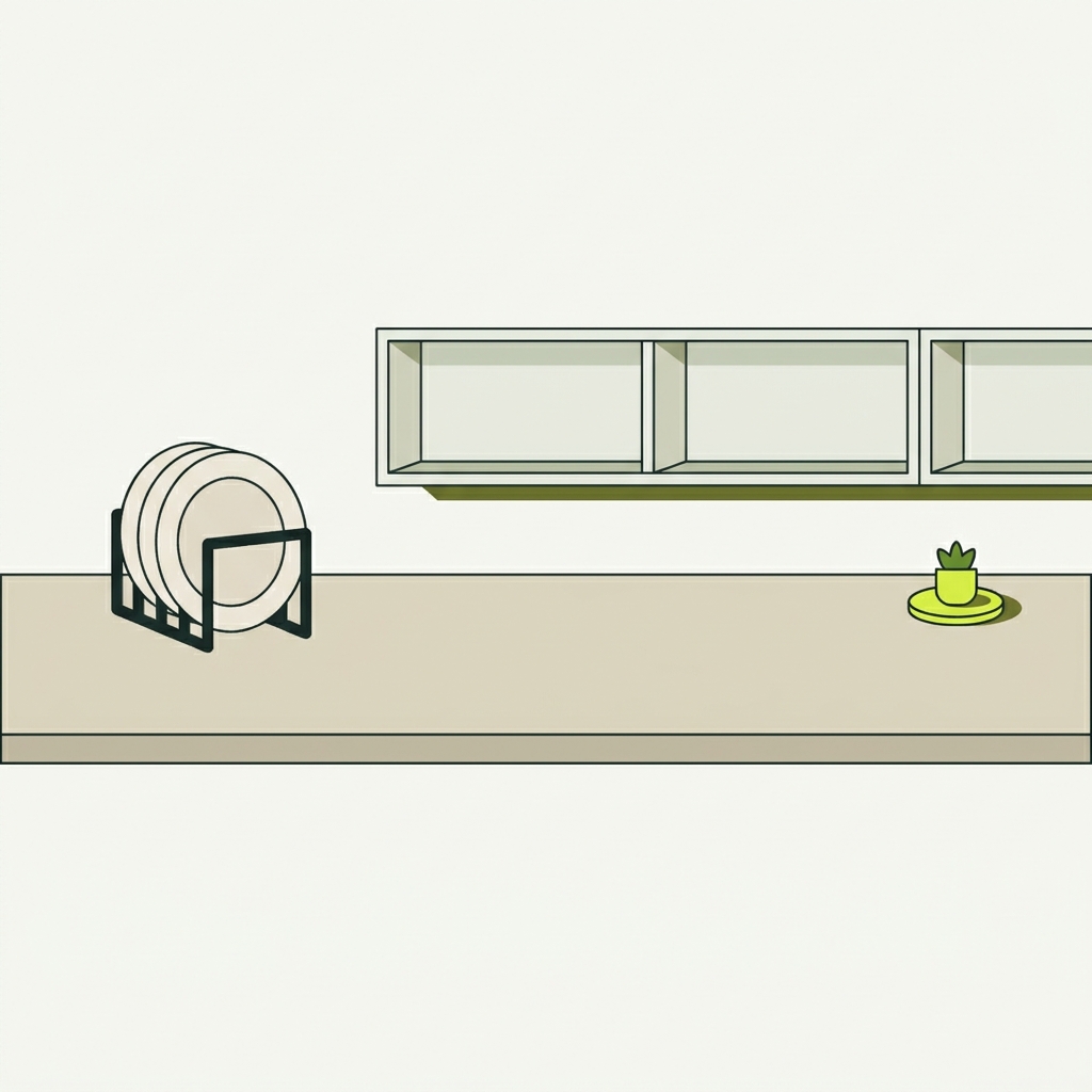 Minimalist 2D vector of a compact plate holder on a clean countertop beside empty cabinet shelves with Paper background and Mist interior accents
