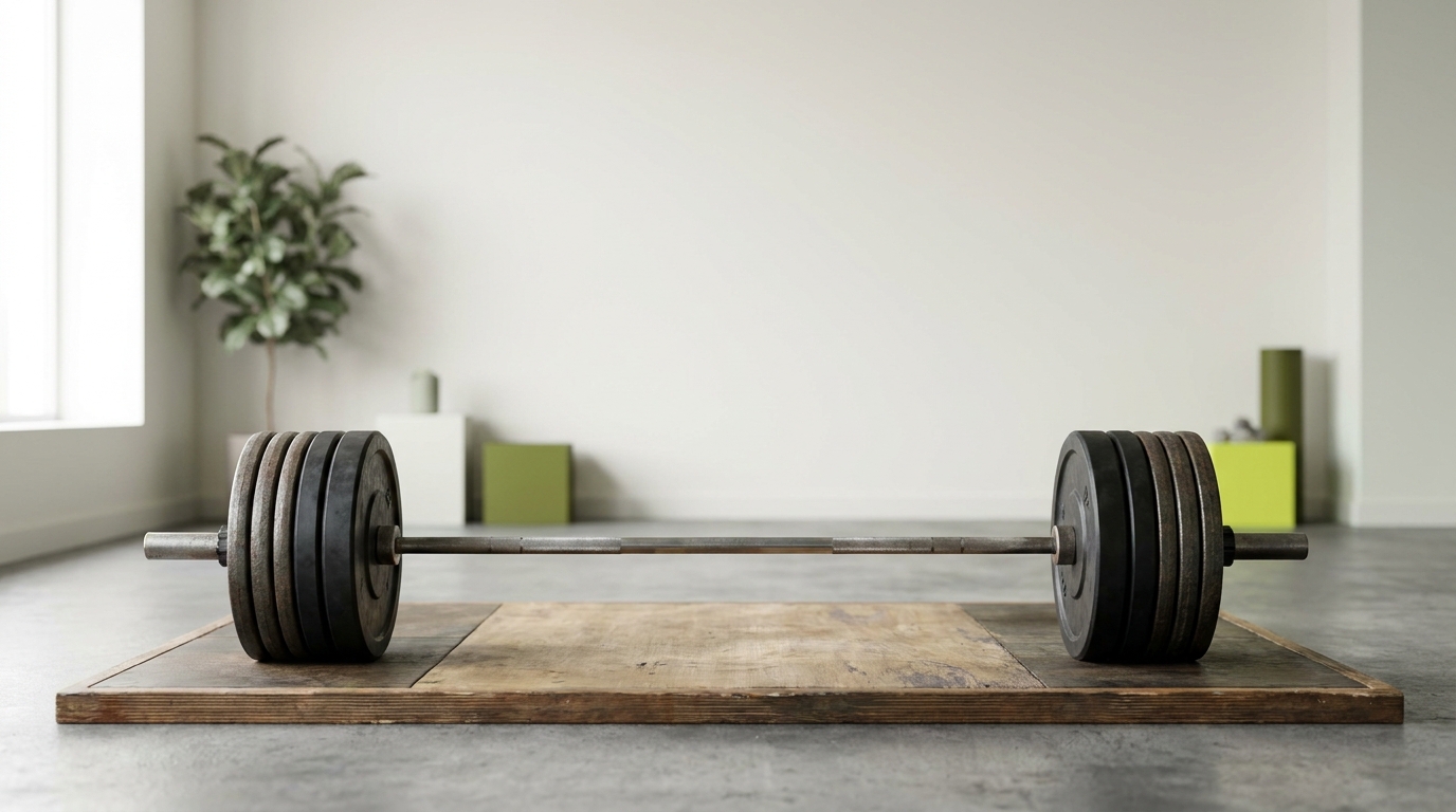 Barbell with mixed bumper and iron plates on wood platform in minimal gym natural light full frame shot