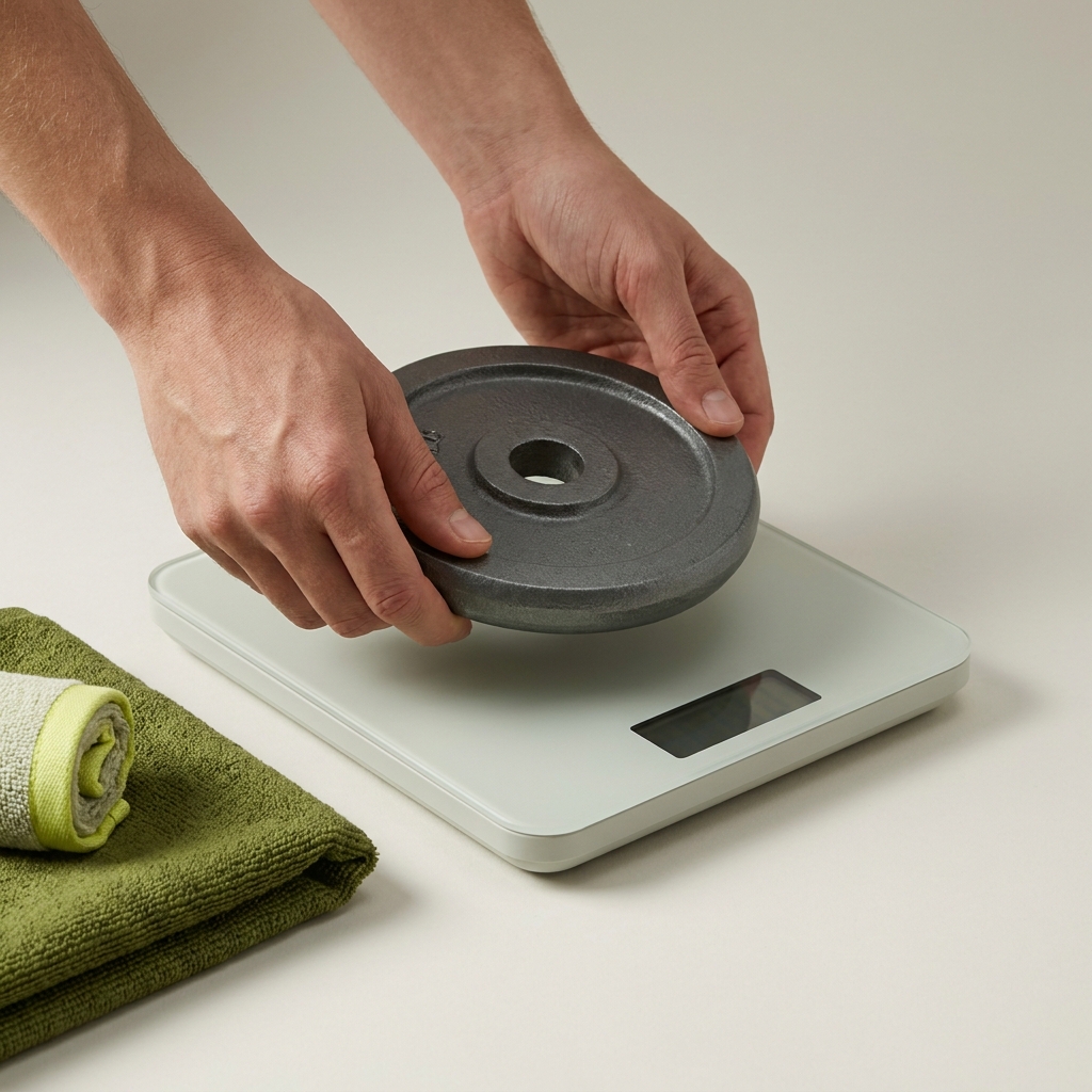 Close up of hands placing a single weight plate on a digital platform scale on a neutral paper background display blank