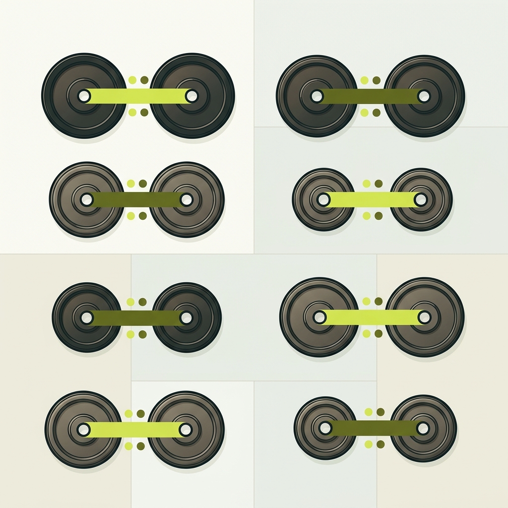 Top down vector illustration of matched gym weight plate pairs arranged symmetrically on a paper colored floor with colored tape bands and painted dots for identification