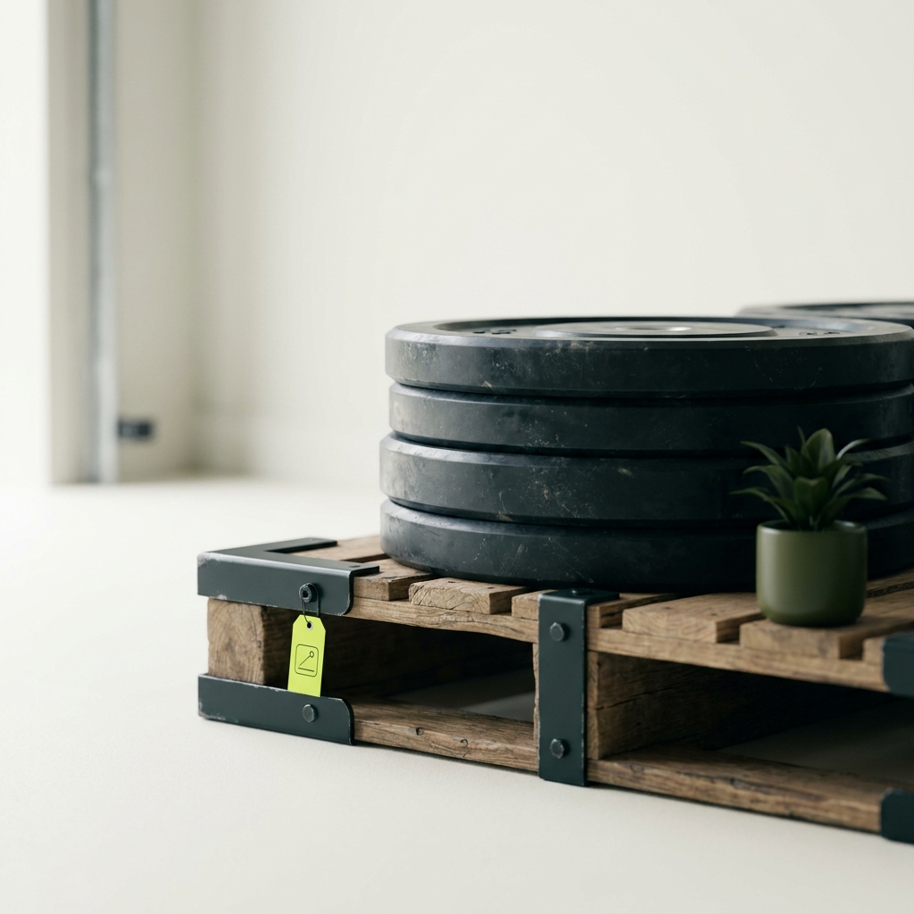 Close shot of bumper plates stacked on a wooden pallet in a shaded garage bay with natural rubber colors visible and subtle Rep and Range color accents