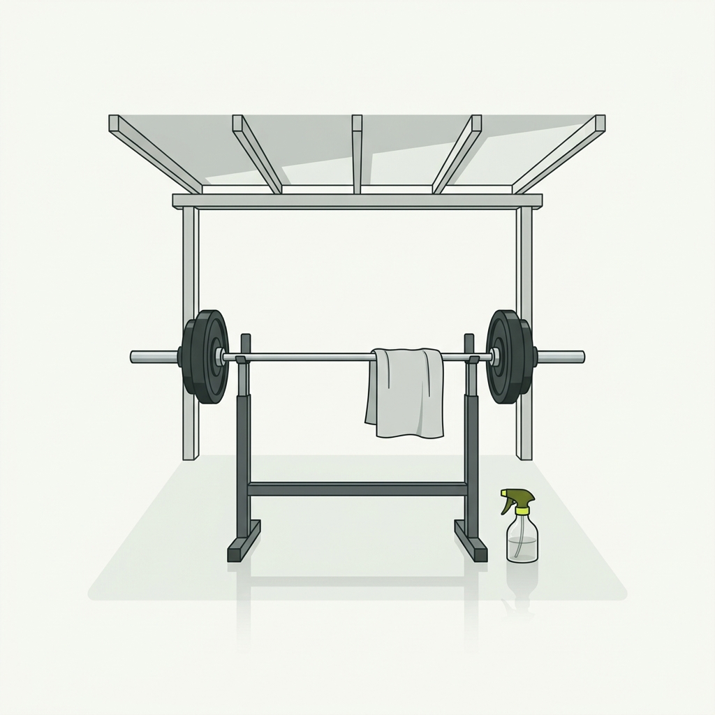Minimalist 2D vector of a barbell on a low rack under a covered patio with a microfiber cloth draped on the bar and a small spray bottle nearby illustrating maintenance